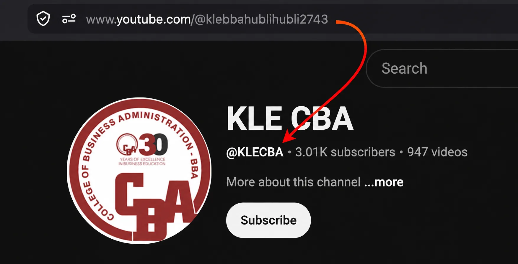 The website points to an older YouTube handle instead of the current @KLECBA handle.