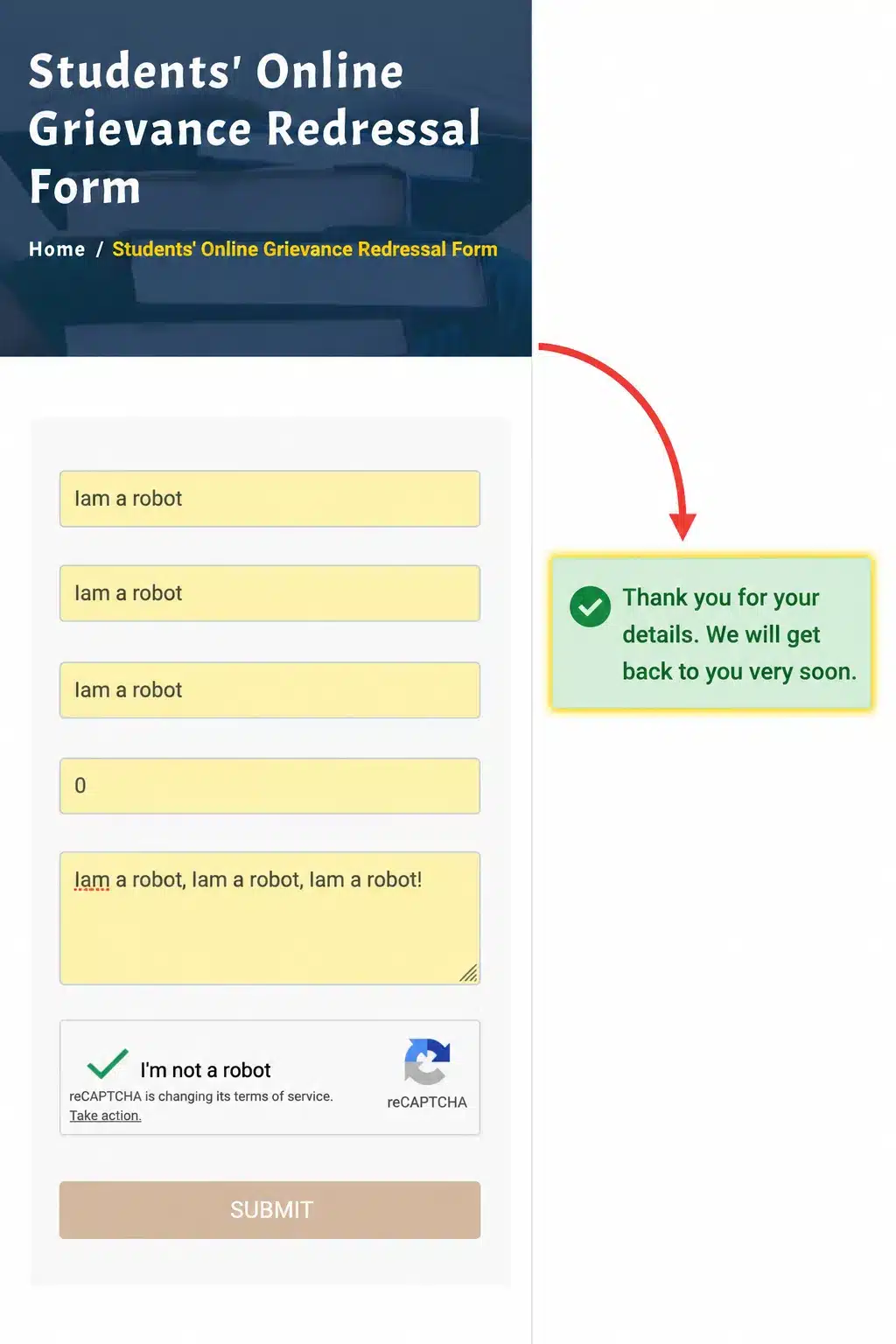 The current Students' Online Grievance Redressal Form.