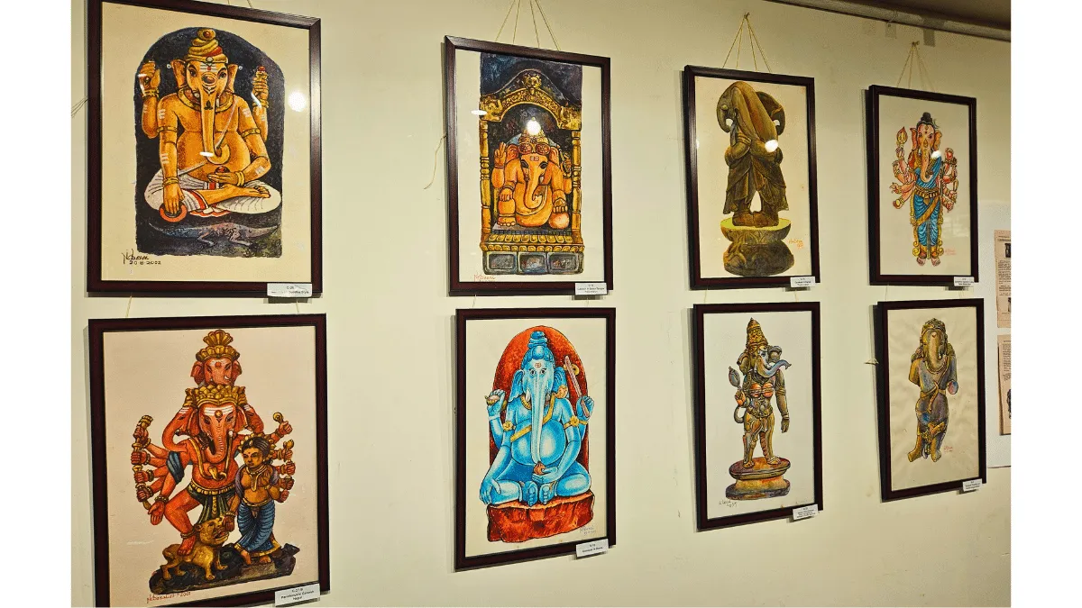A collection of N.C. Desai’s paintings depicting different forms of Lord Ganesha from his Vishvavyapi Ganapati series, displayed at the Hubballi Art Exhibition.