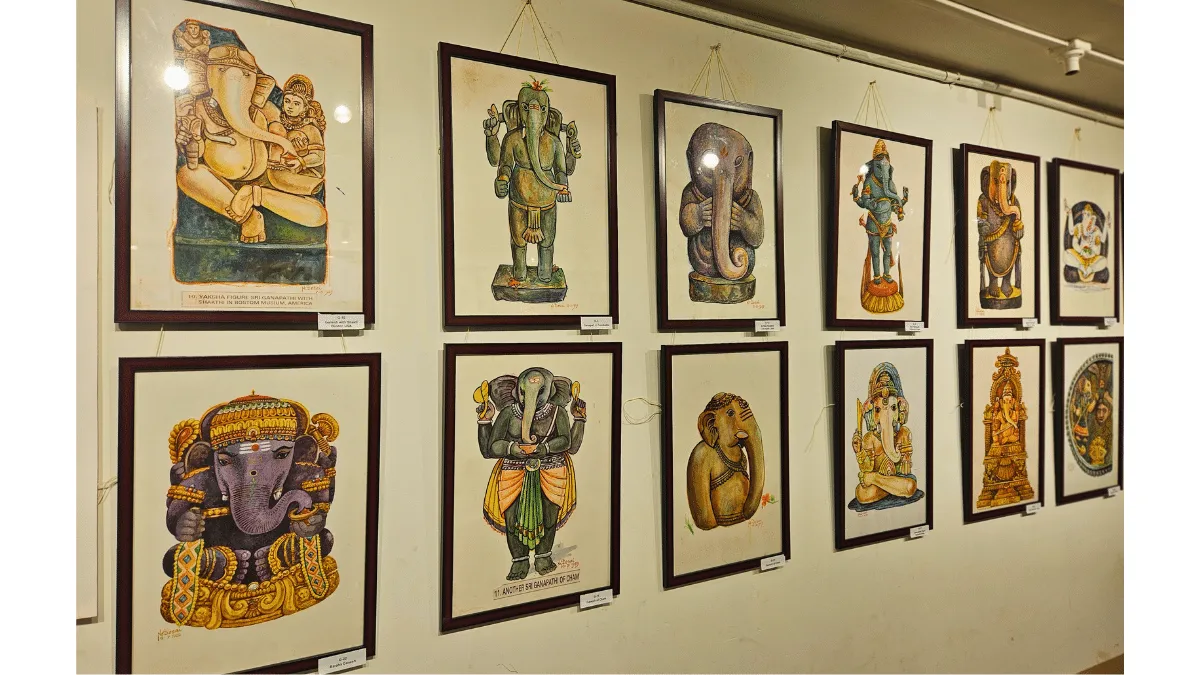 A gallery wall displaying N.C. Desai’s Vishvavyapi Ganapati series, featuring various cultural interpretations of Lord Ganesha from across the world at the Hubballi Art Exhibition.