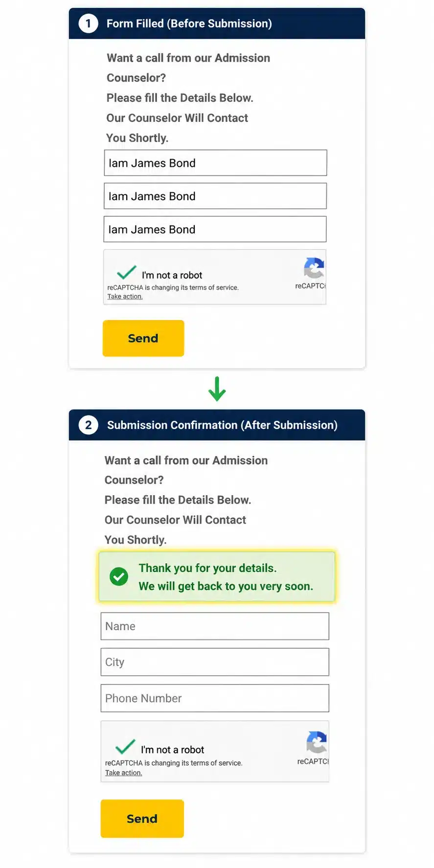 The admissions enquiry form accepted deliberately nonsensical information during testing.