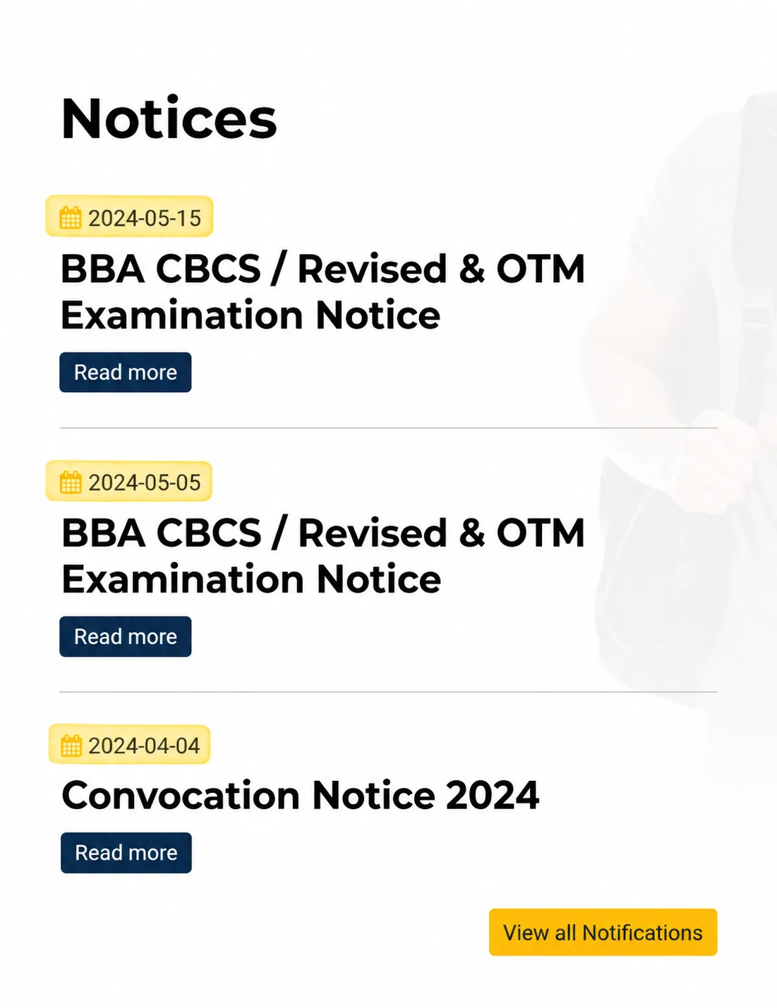 The Notices section displayed on the homepage, with the latest visible notice dating to May 2024.